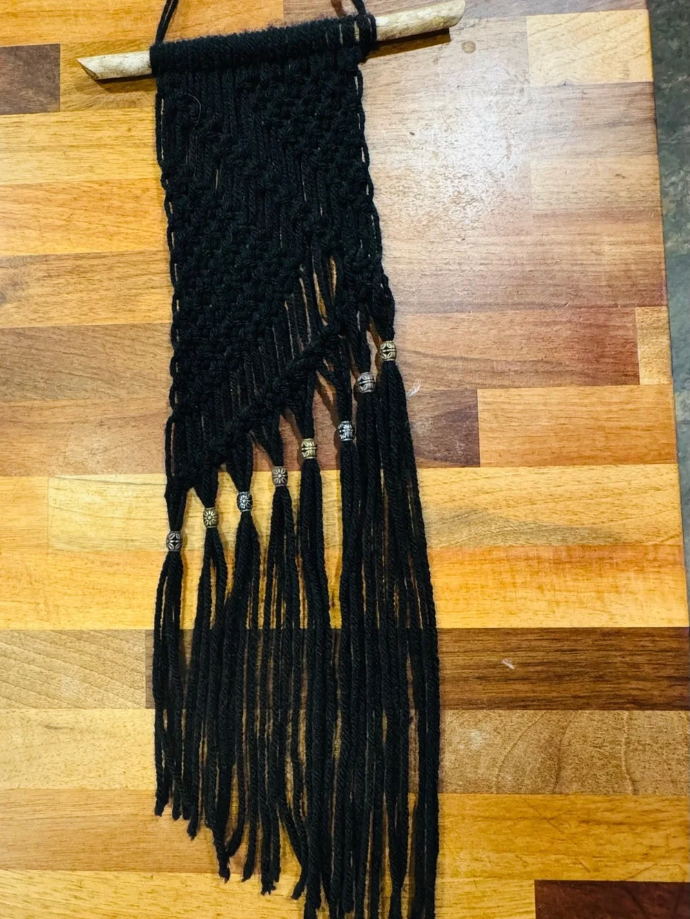 Handmade Black Macramé Wall Hanging with Wooden Dowel